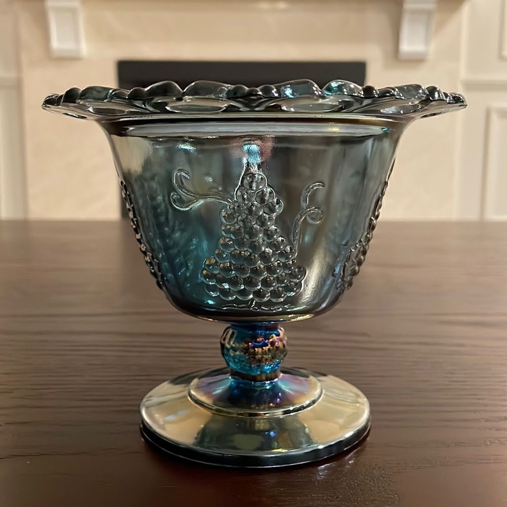 Indiana Blue Glass Iridescent Carnival Glass Dish Grape Vine W Scalloped Edges